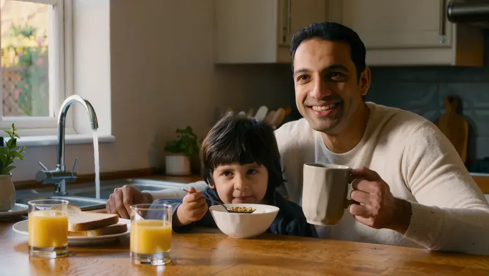 Parent and child having breakfast in a calm kitchen, sink in the background