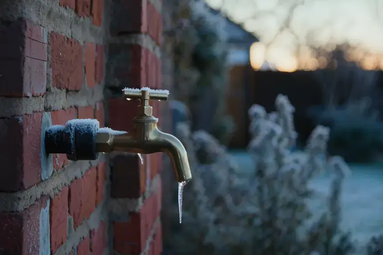 Frost and icicles on an outdoor hose spigot mounted in a brick wall