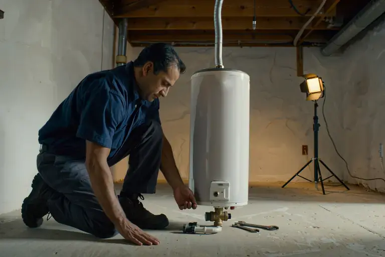 Plumber kneeling to check the valve at the bottom of a tank water heater in a basement