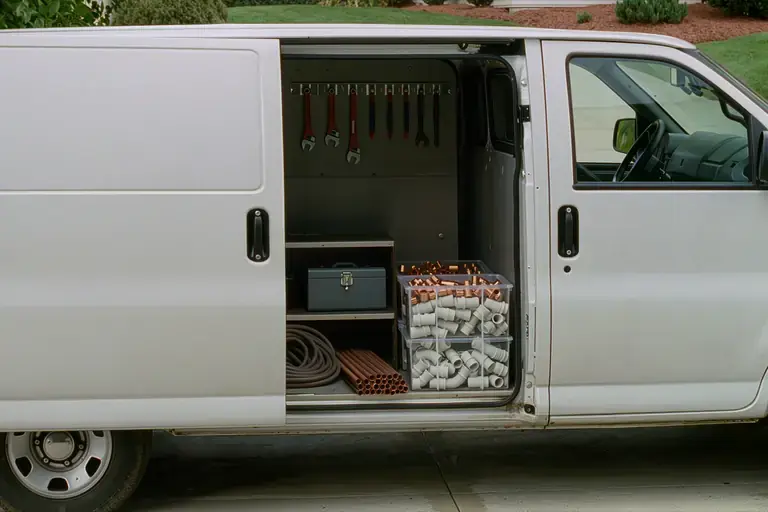 Organized plumbing tools and fittings at the side door of a work van
